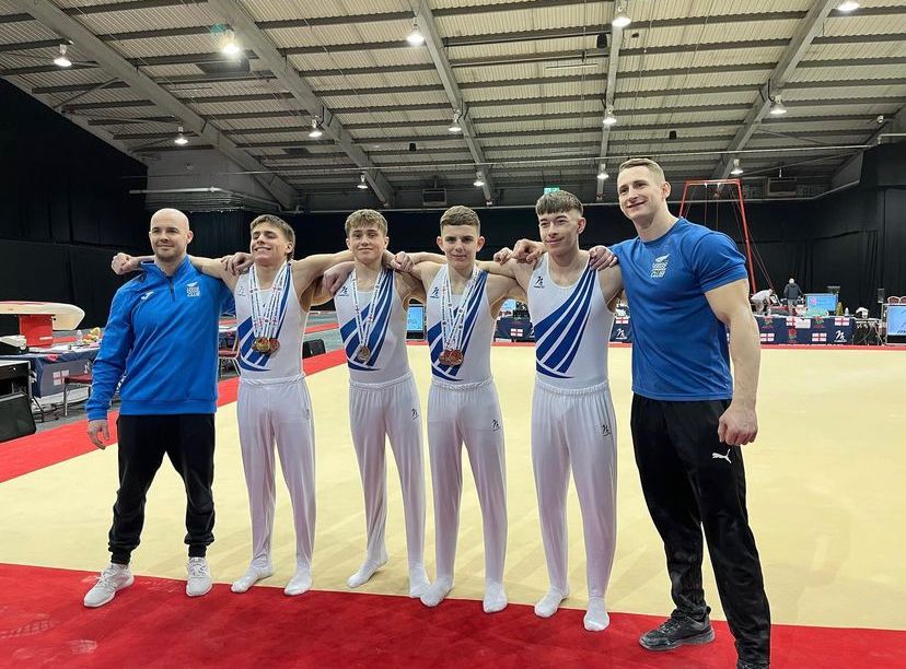 Leeds gymnasts Jonas Rushworth, Elliot Vernon, Mikey Goddard and Alex Morris at the English Championships 2023