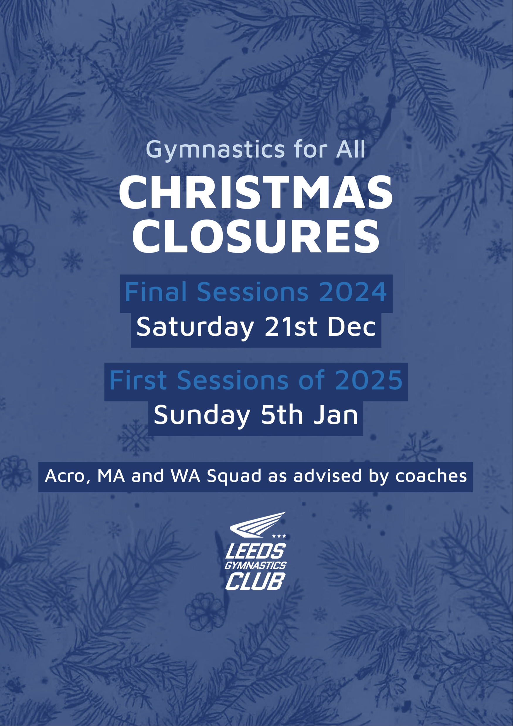 Festive Period Opening Times at Leeds Gymnastics Club